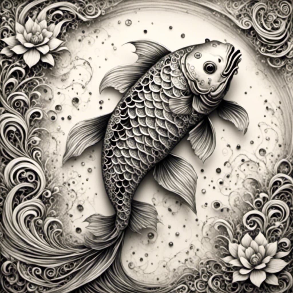 Minimalist Zentangle Koi in Savant Sketch Style