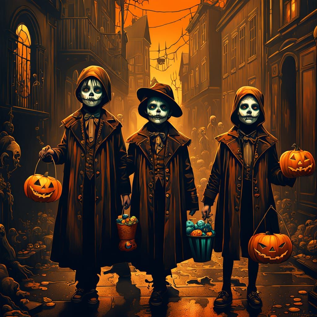 Children in Creepy Halloween Costumes Trick or Treating