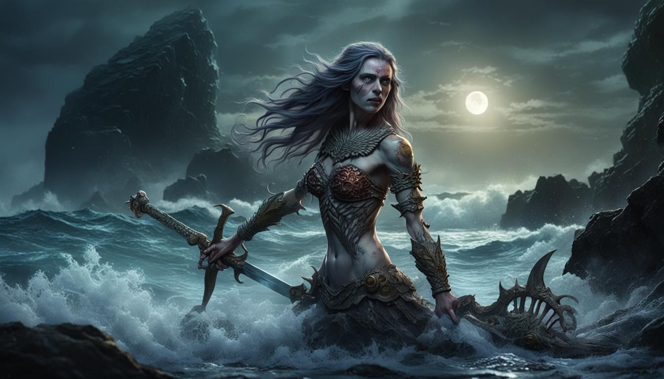 Cadaverous Mermaid with Sword Hands in Boiling Surf