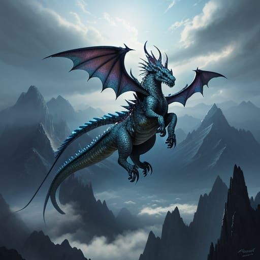Majestic Dragon Soars Over Mountains in Digital Fantasy Art