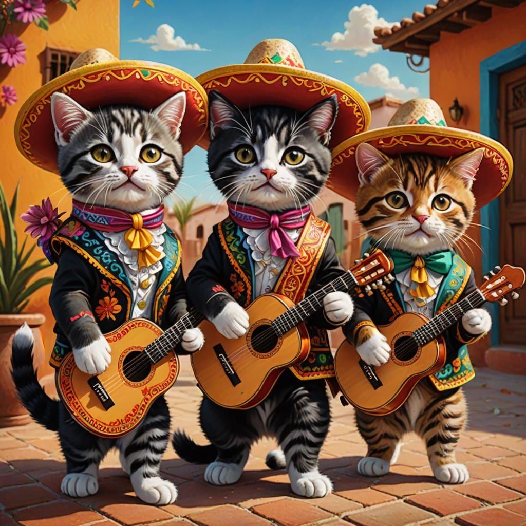 Cartoon Mariachi Kittens in Traditional Attire