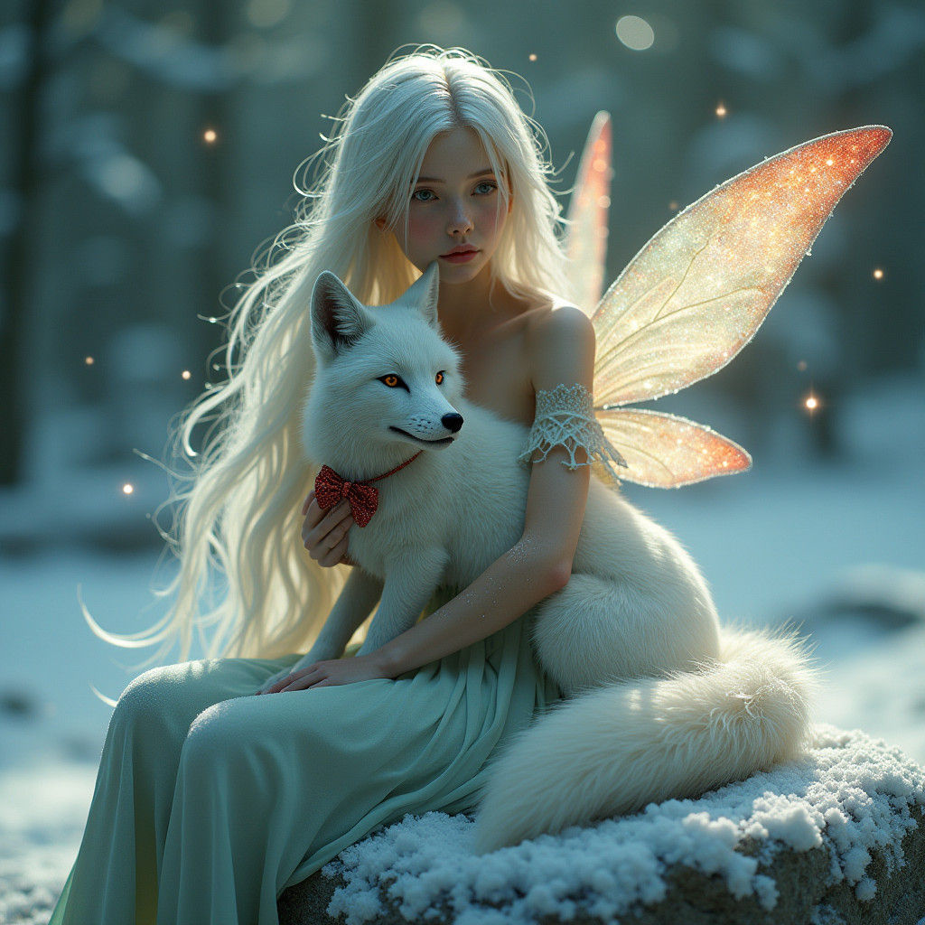 Fairy and Fox in Snowy Landscape