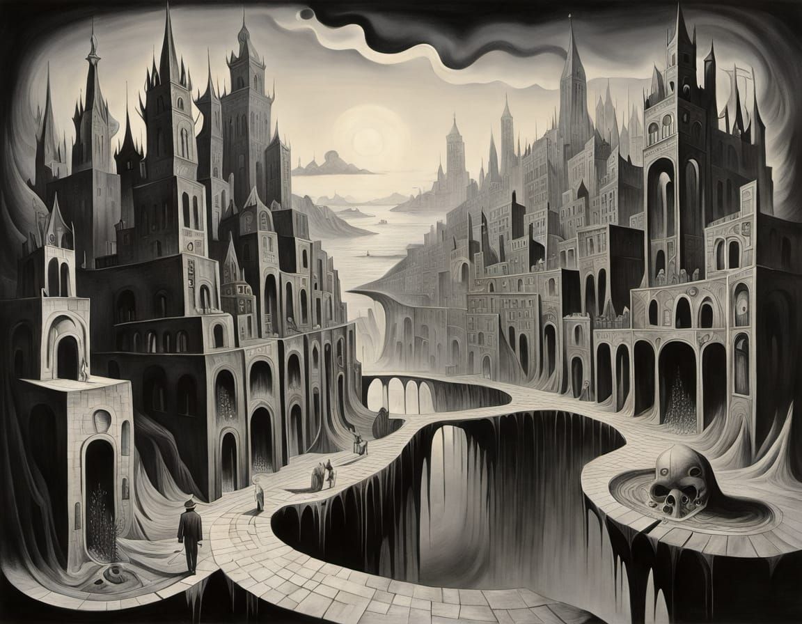 Surreal Melting Cityscape in Pencil and Charcoal