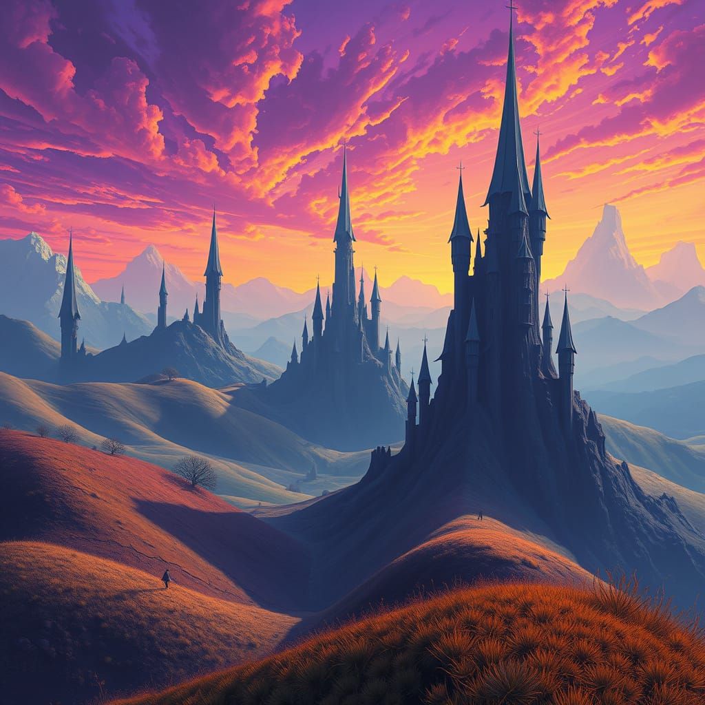 Fantasy world under a purple sky