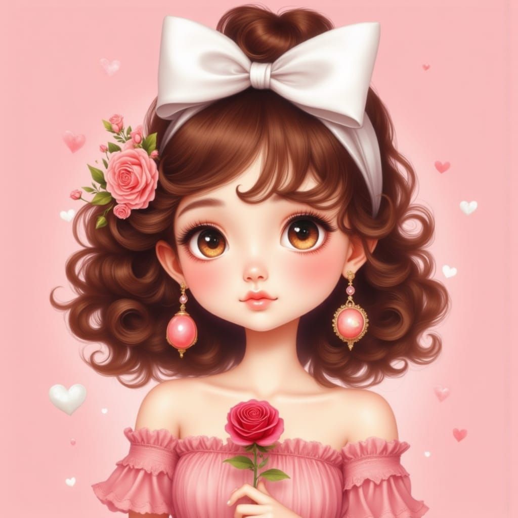 Cartoon Girl with Rose in Miyazaki Style