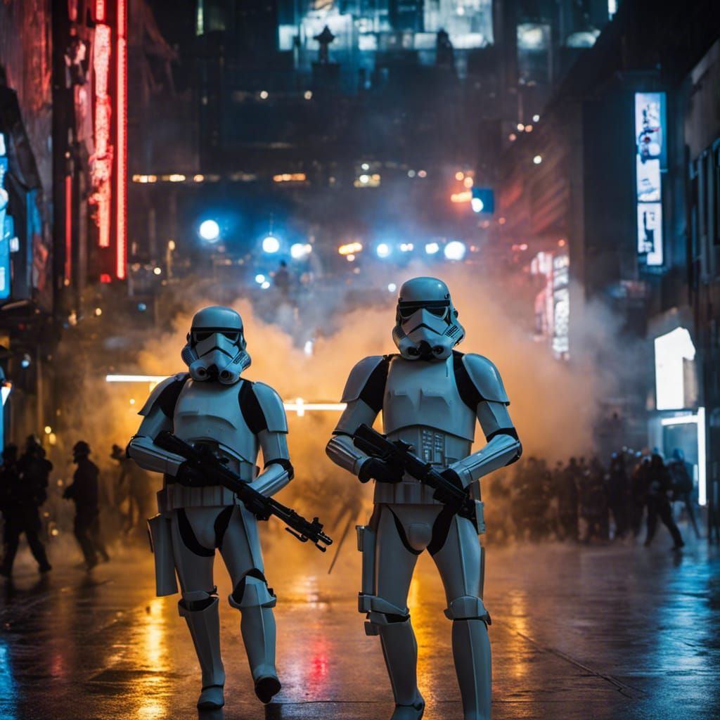 Stormtroopers Retreating from Angry Mob in Star Wars