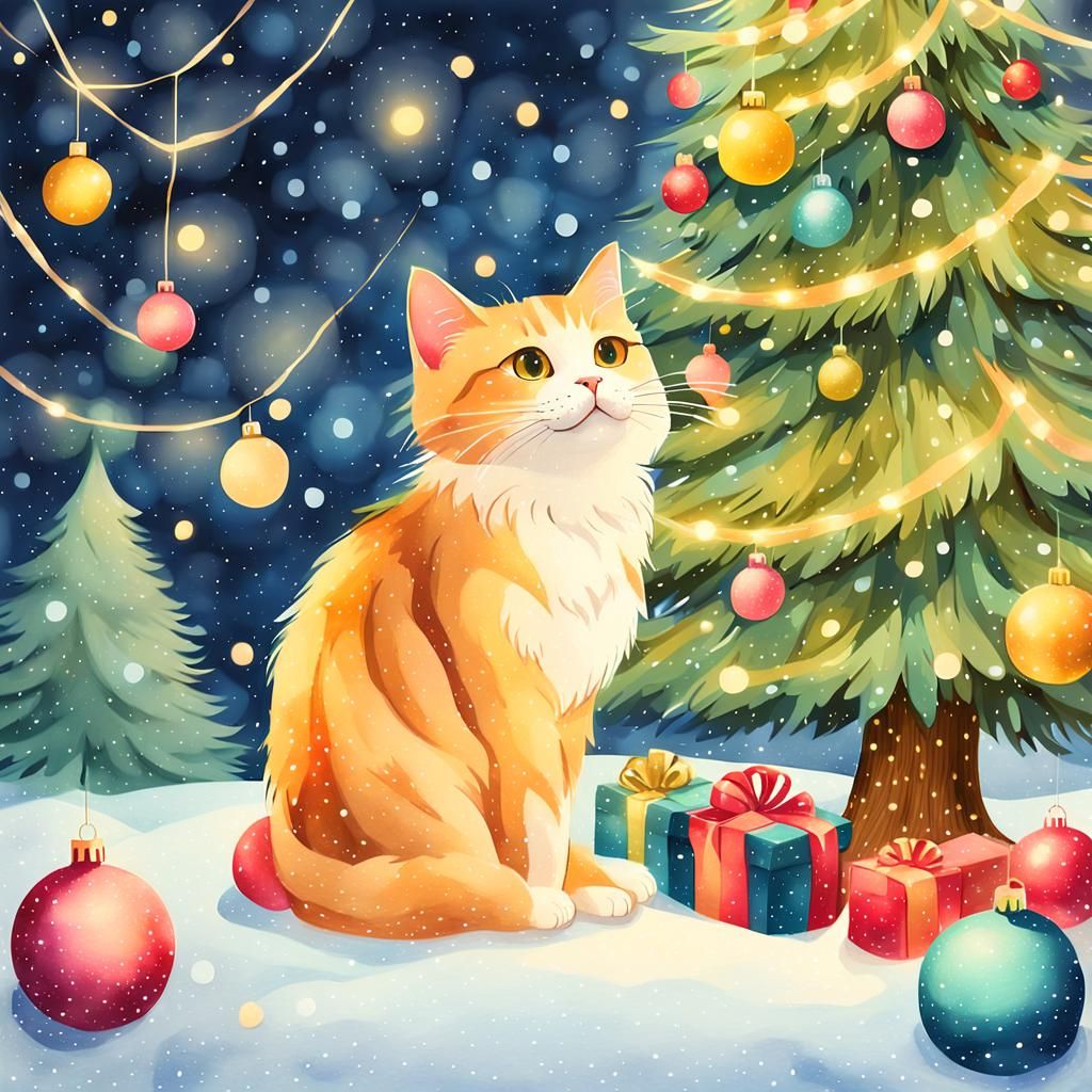 Whimsical Christmas Cat Finds Tree Surprise