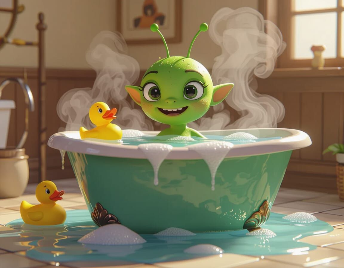 Whimsical Martian Bathes with Rubber Duck in Cartoon Style
