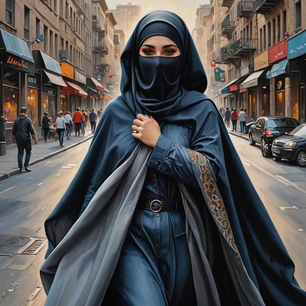 Elegant Woman in Niqab Rocking City Street