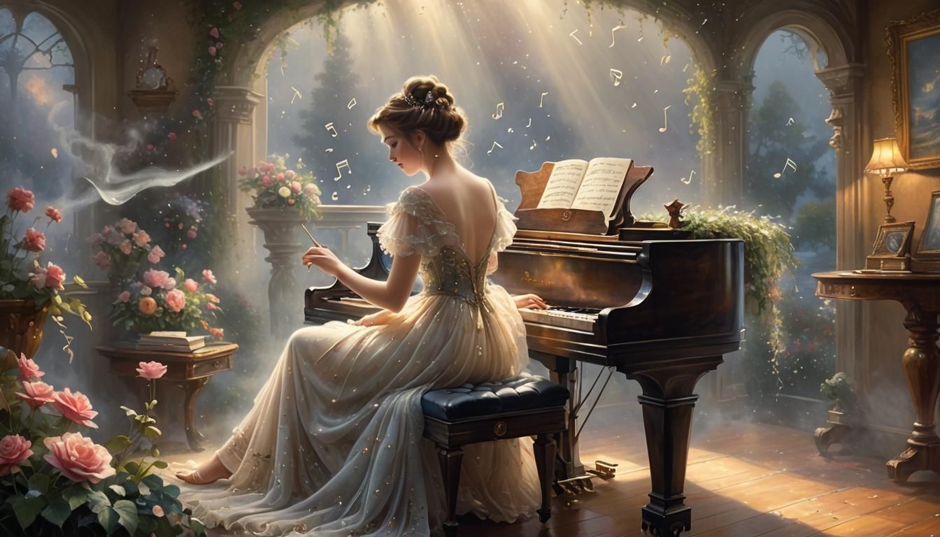 Ethereal Music: Sensual Figure at Antique Piano