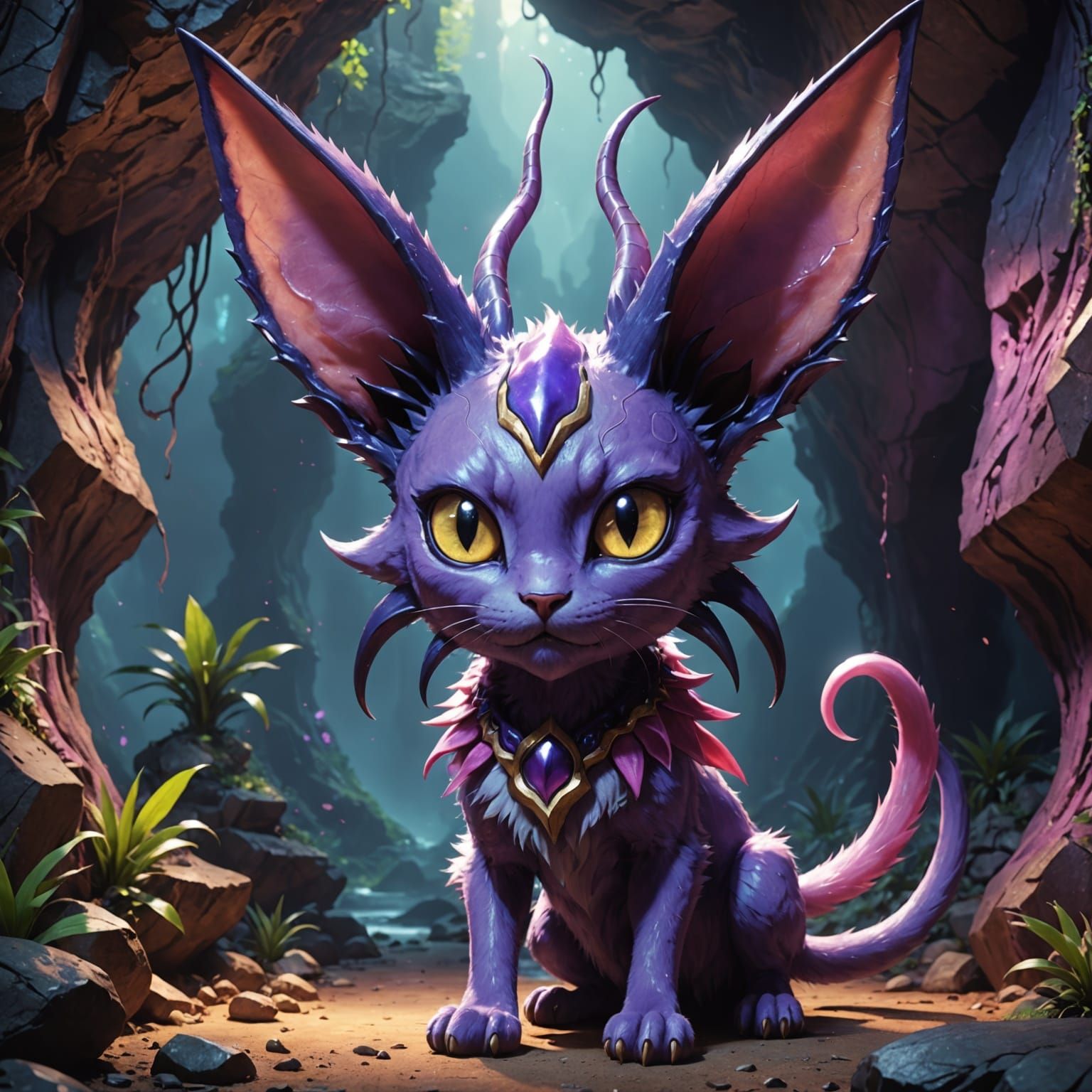 Hyperrealistic Female Furry Espeon in Cave, Demon Cat Horns,...