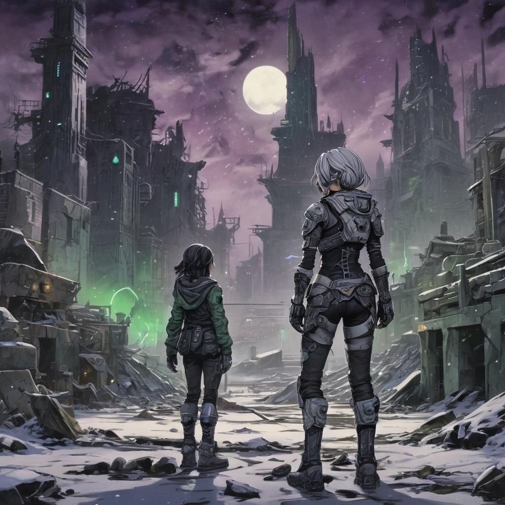 Cyberpunk Anime Strong Female in Destroyed City Night