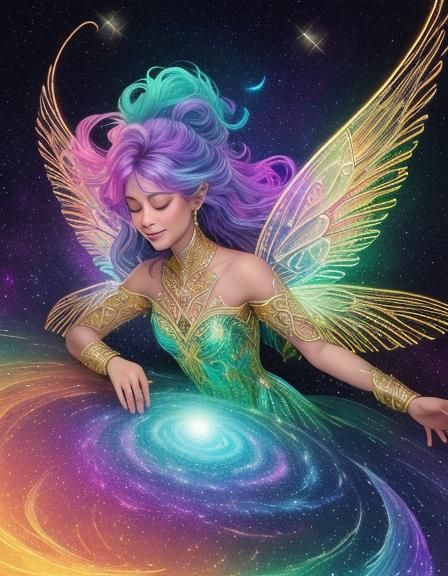 Smiling Fairy Catches Stars in Astral Fantasy