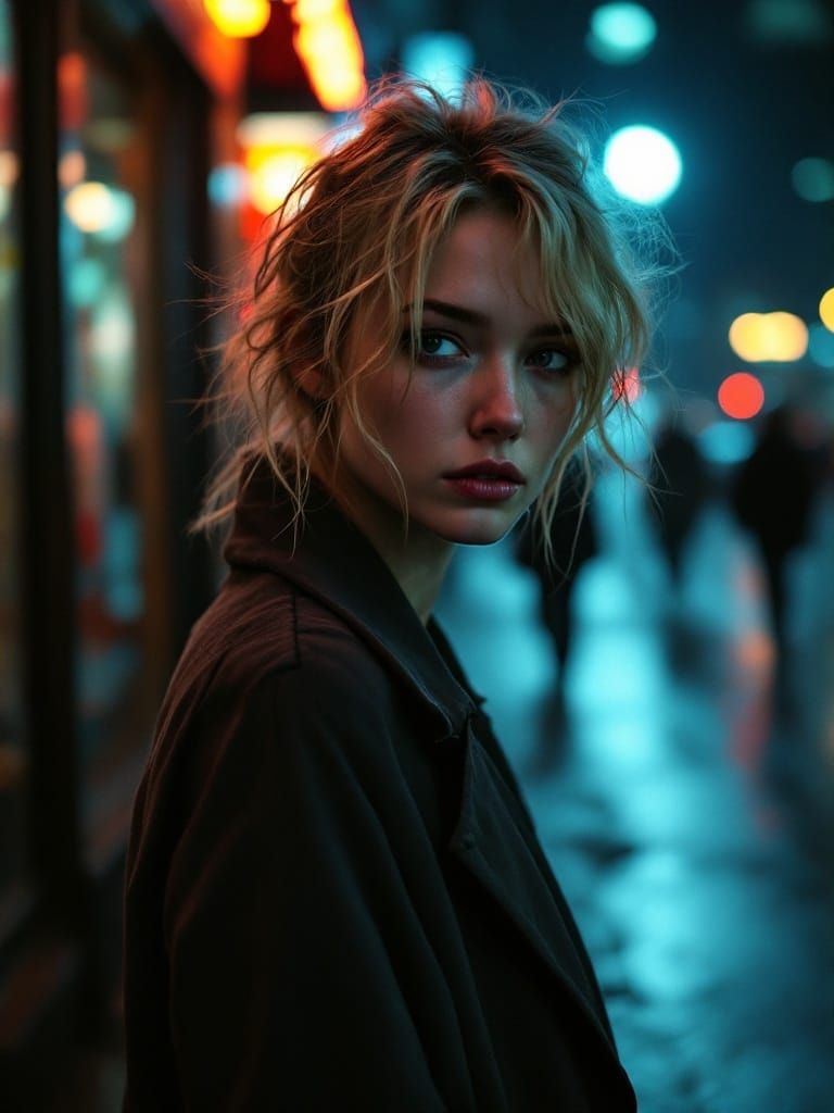 Haunted Woman in Rainy City Night, Cinematic Portrait