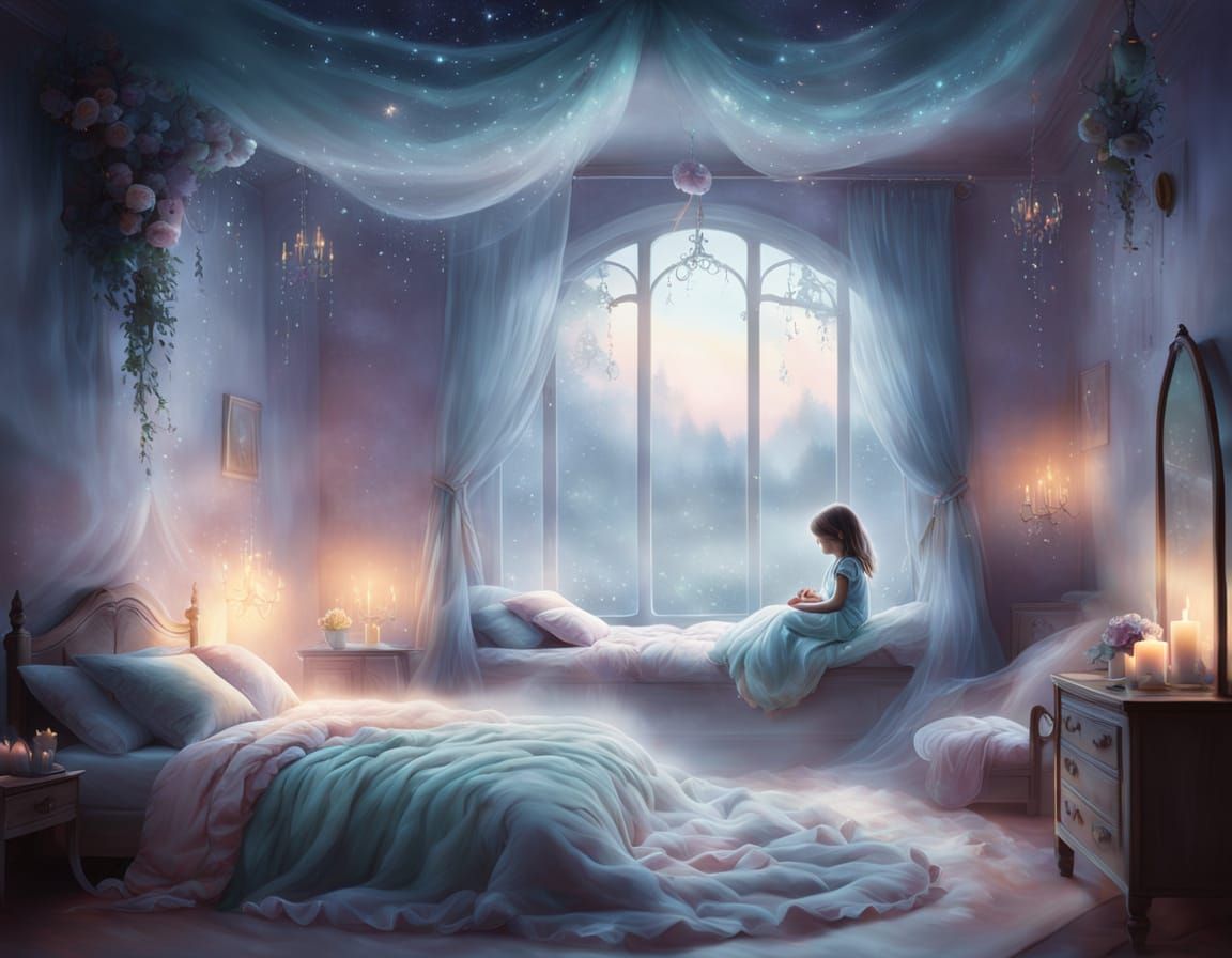 Ethereal Mist Embraces Sleeping Child: Fantasy Art
