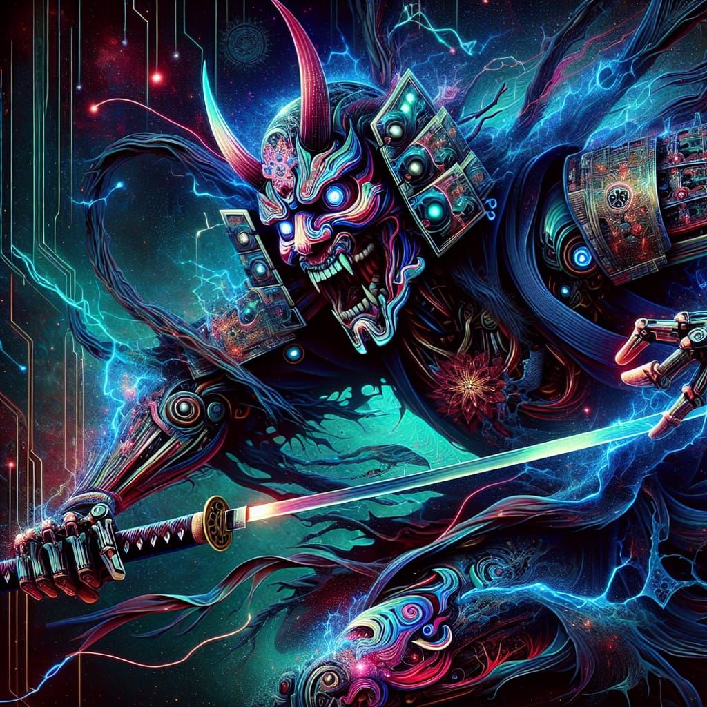 Robot Ninja Defeats Samurai in Holographic Illustration