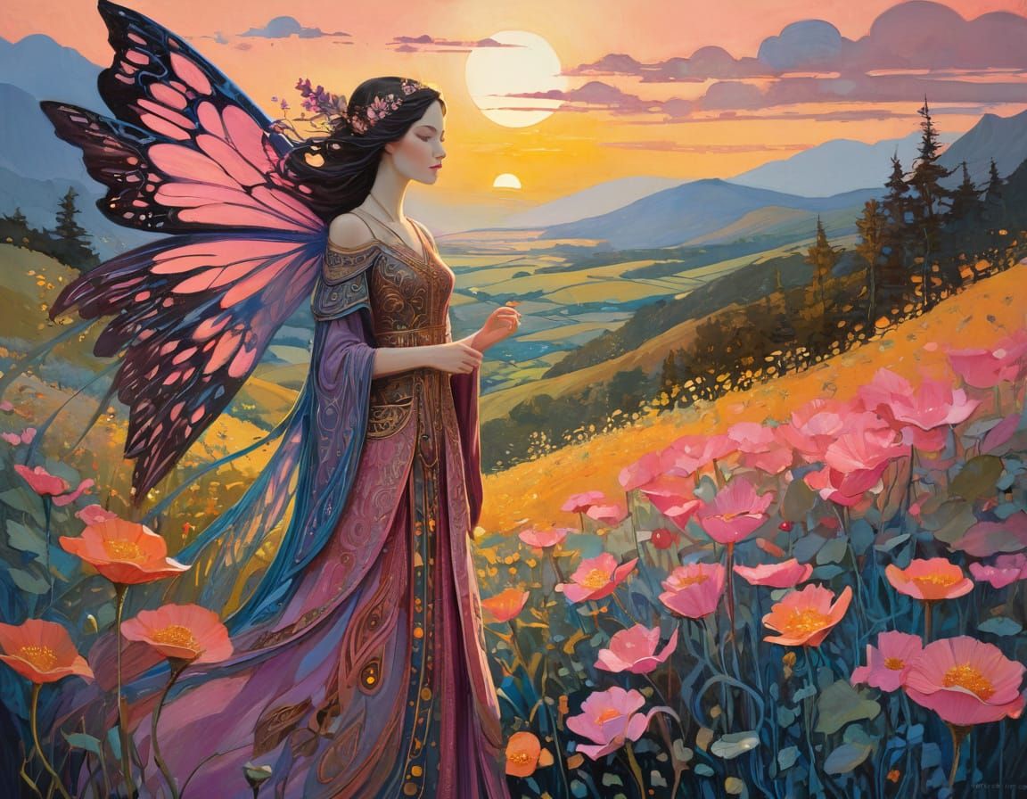Ethereal Fairy Queen Reigns Over Vibrant Sunset