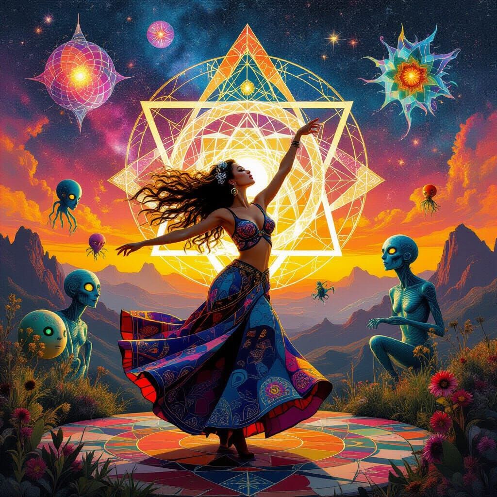 Surreal Woman Dancing in Maximalist Bosch Style