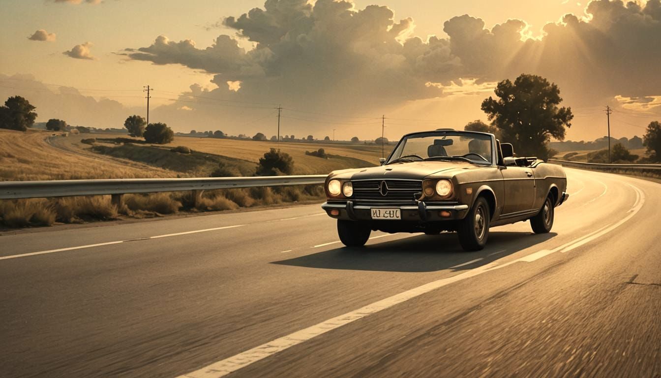 Vintage Car on Highway: Rembrandt-Style Painting