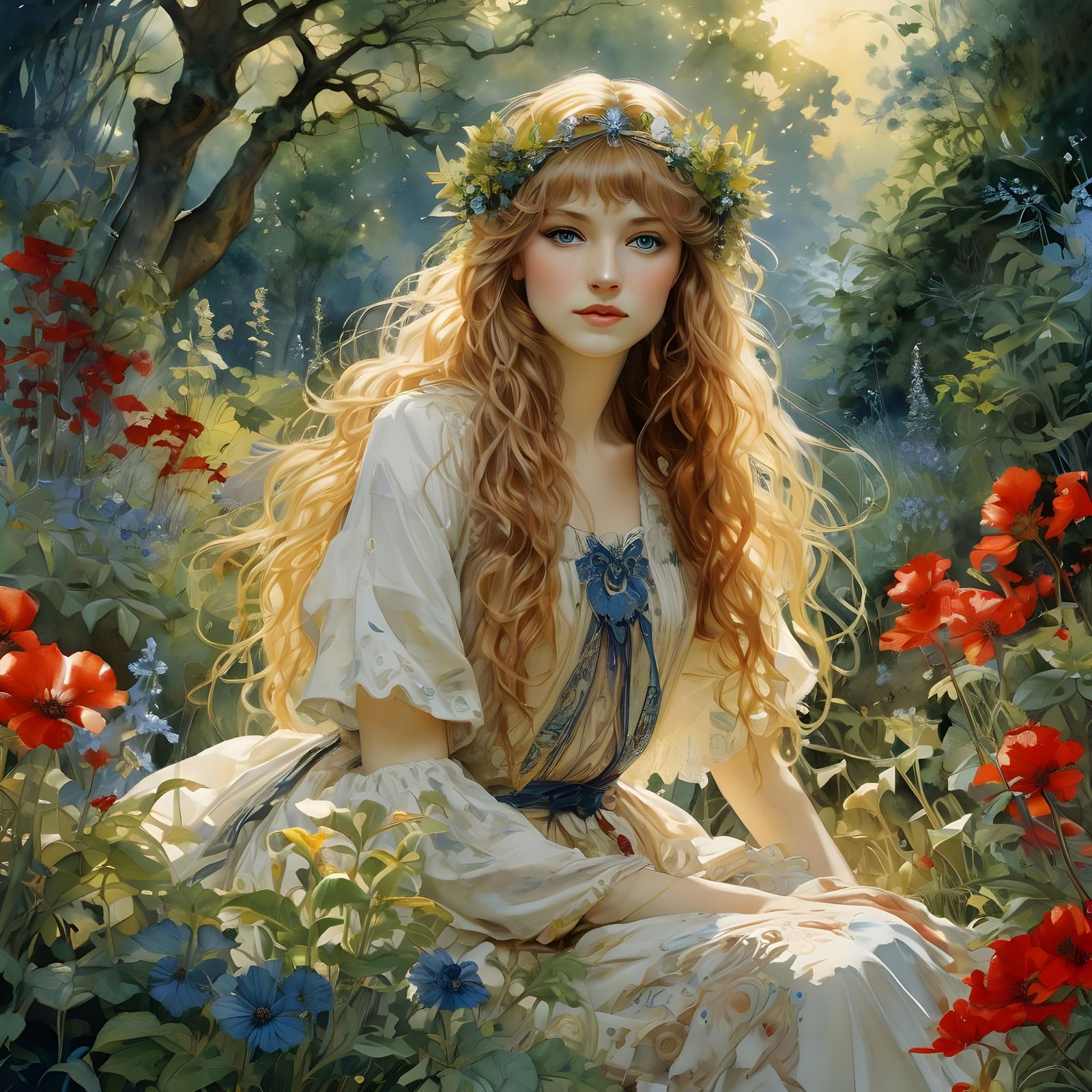 Ethereal Norse Goddess in a Lush Garden, Inspired by Arthur...