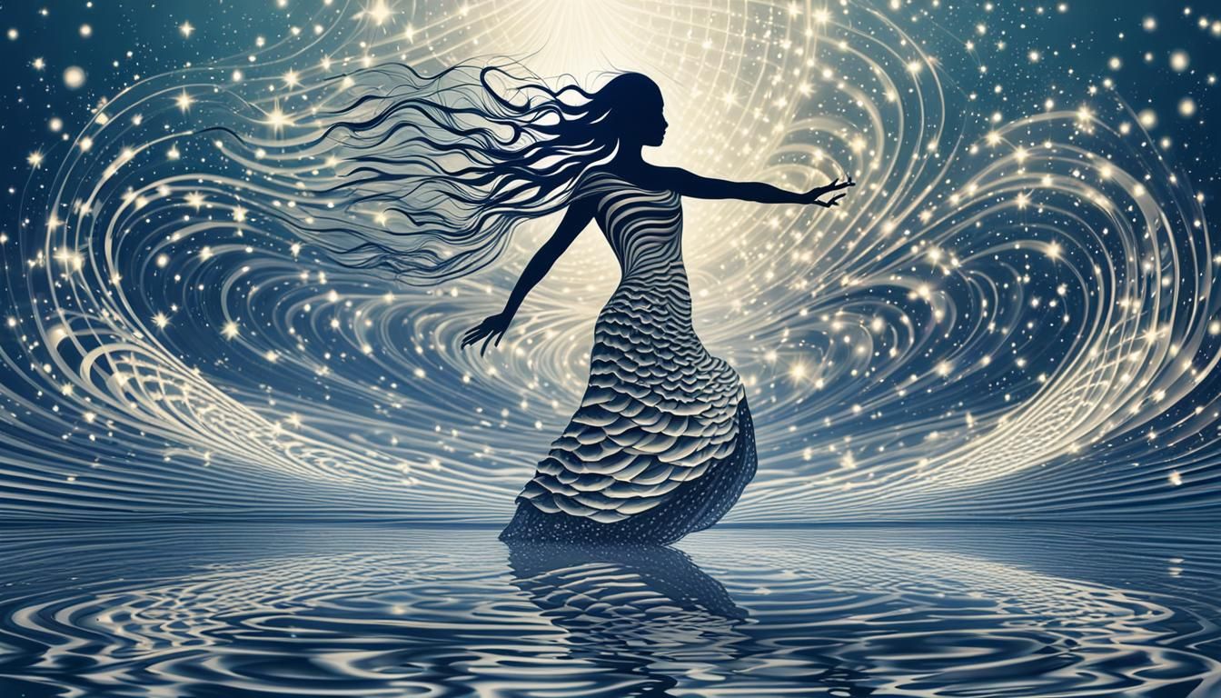 Butterfly Woman Dancing on Water Reflecting Stars