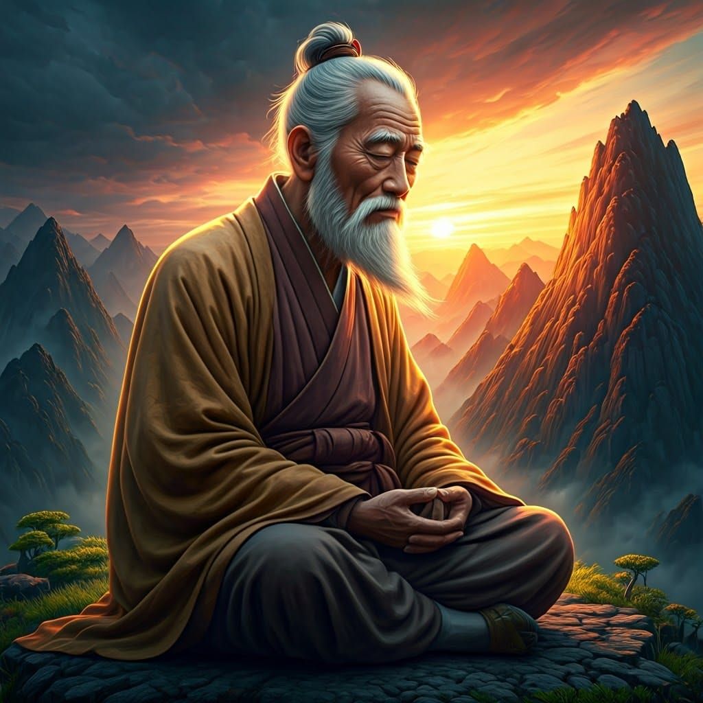 Meditating Asian Master at Magic Hour