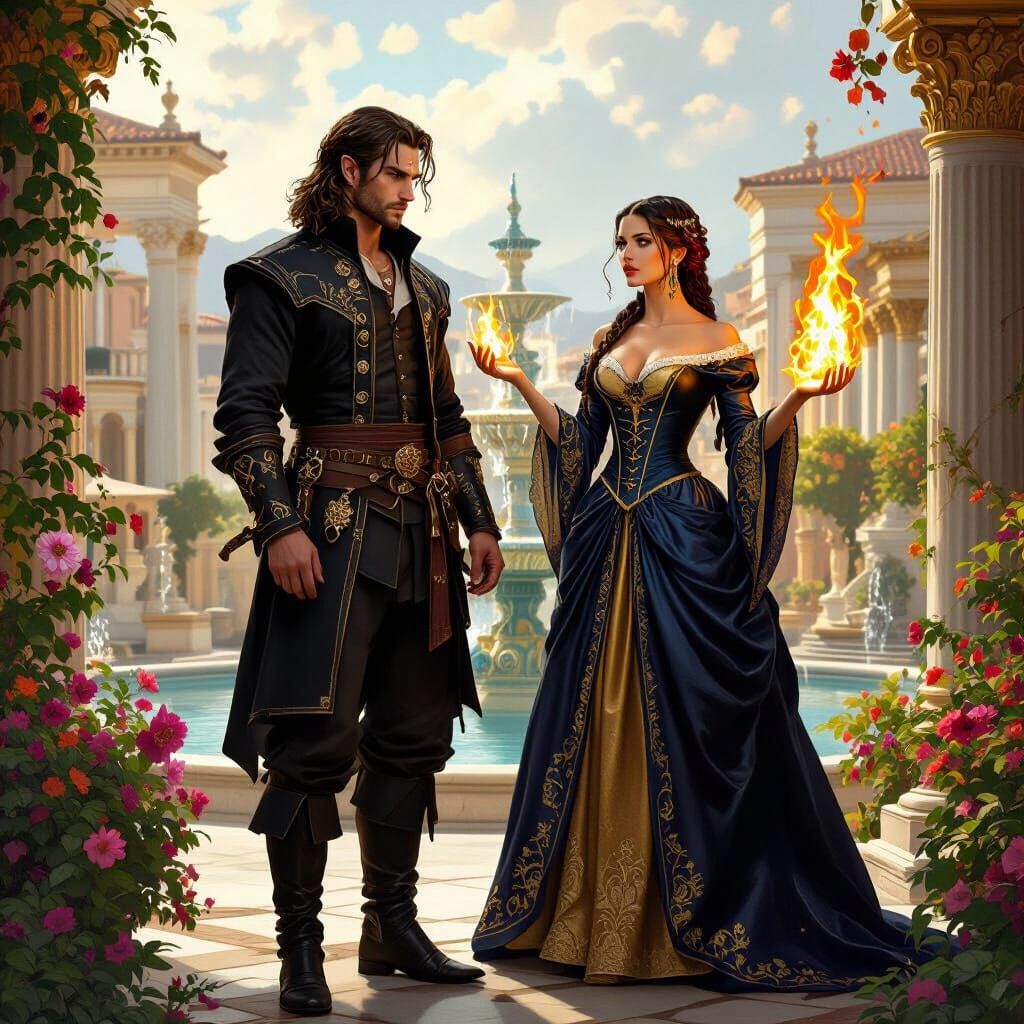 Fantasy Duo Casting Magic in Baroque Cityscape