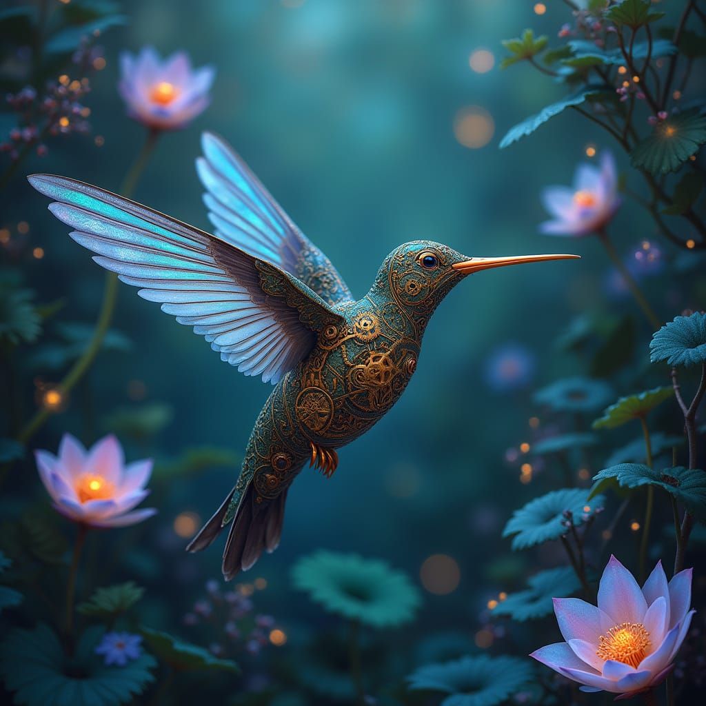 Steampunk Hummingbird Soars Through Bioluminescent Alien Gar...