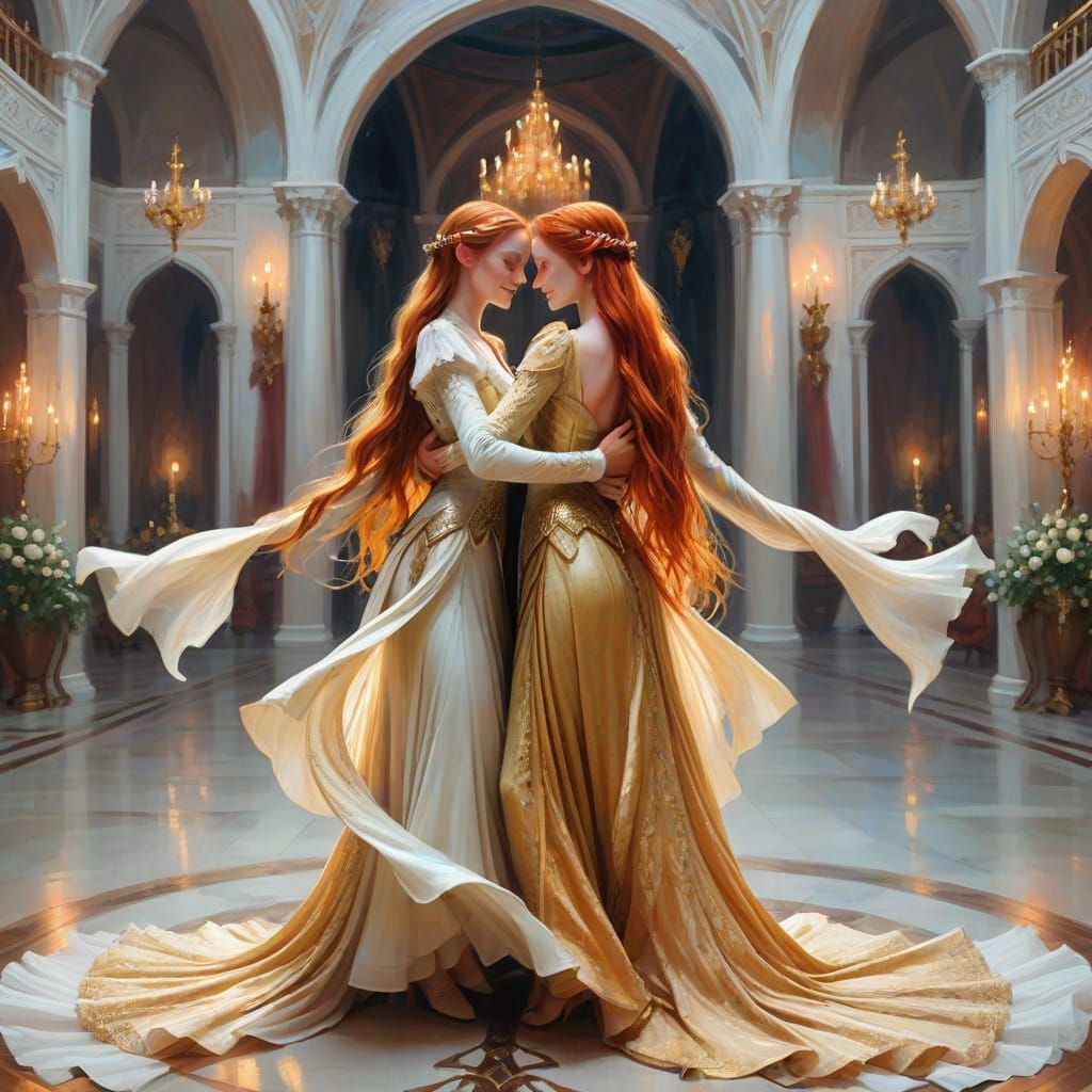 Elegant Elf Women Dancing in Palace Ballroom