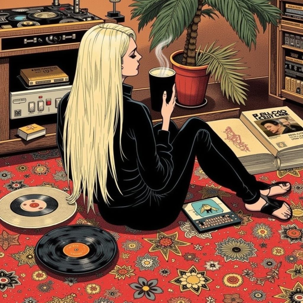 Bohemian Woman Surrounded by Records in Comic Art Style