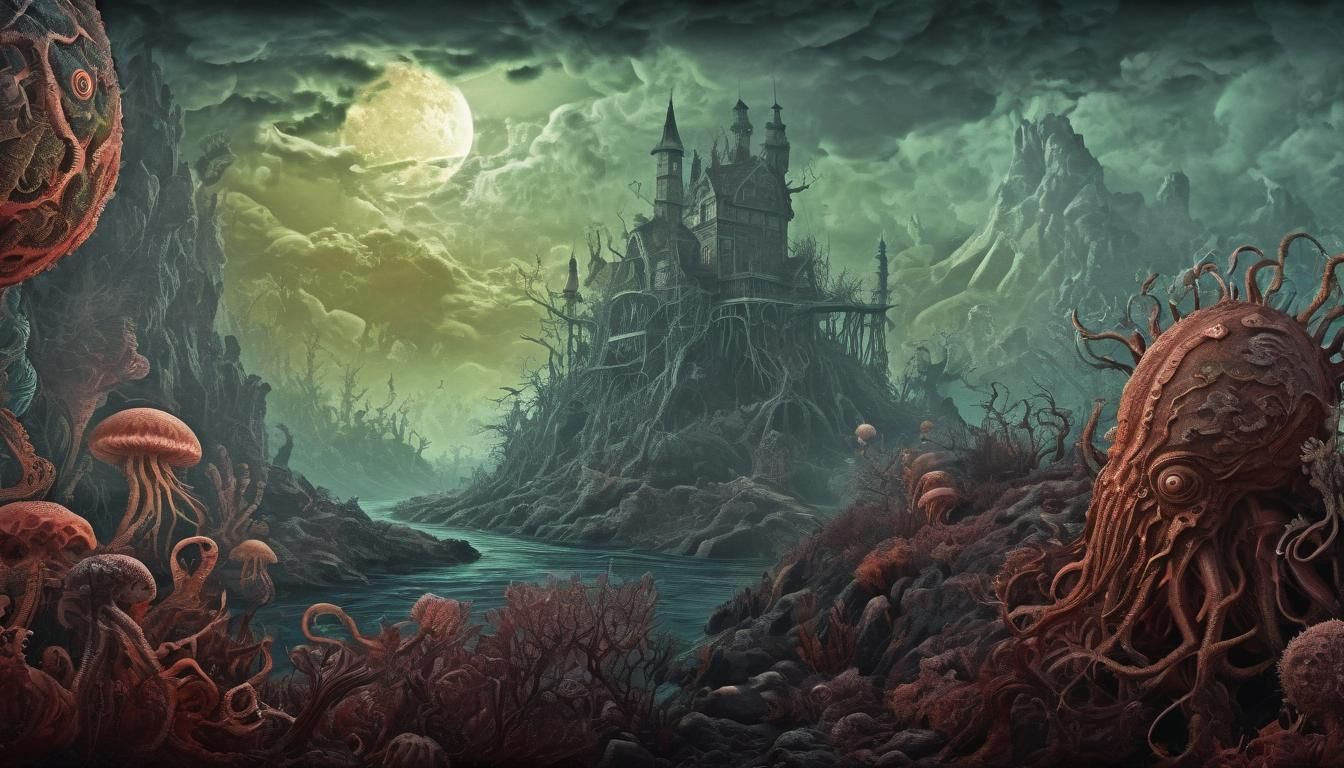 Lovecraftian Horror Landscape in Mixed Media Style