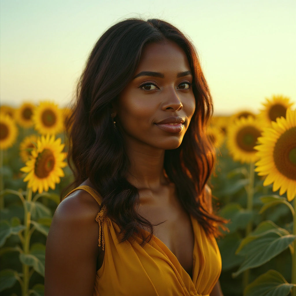 Resilient Woman in Sunflower Field, Cinematic Still