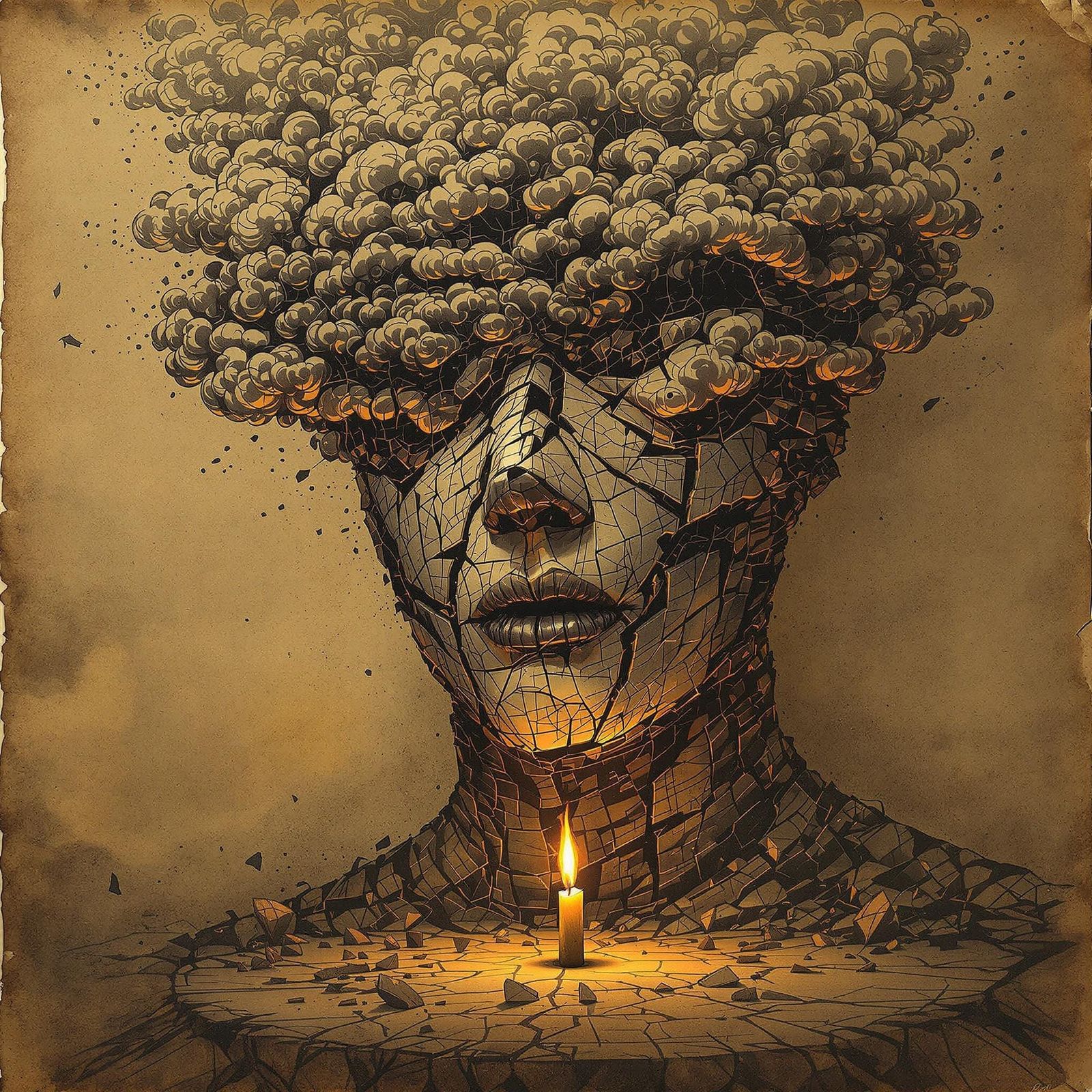 Surreal Masked Bust Fractures into Ink Layers