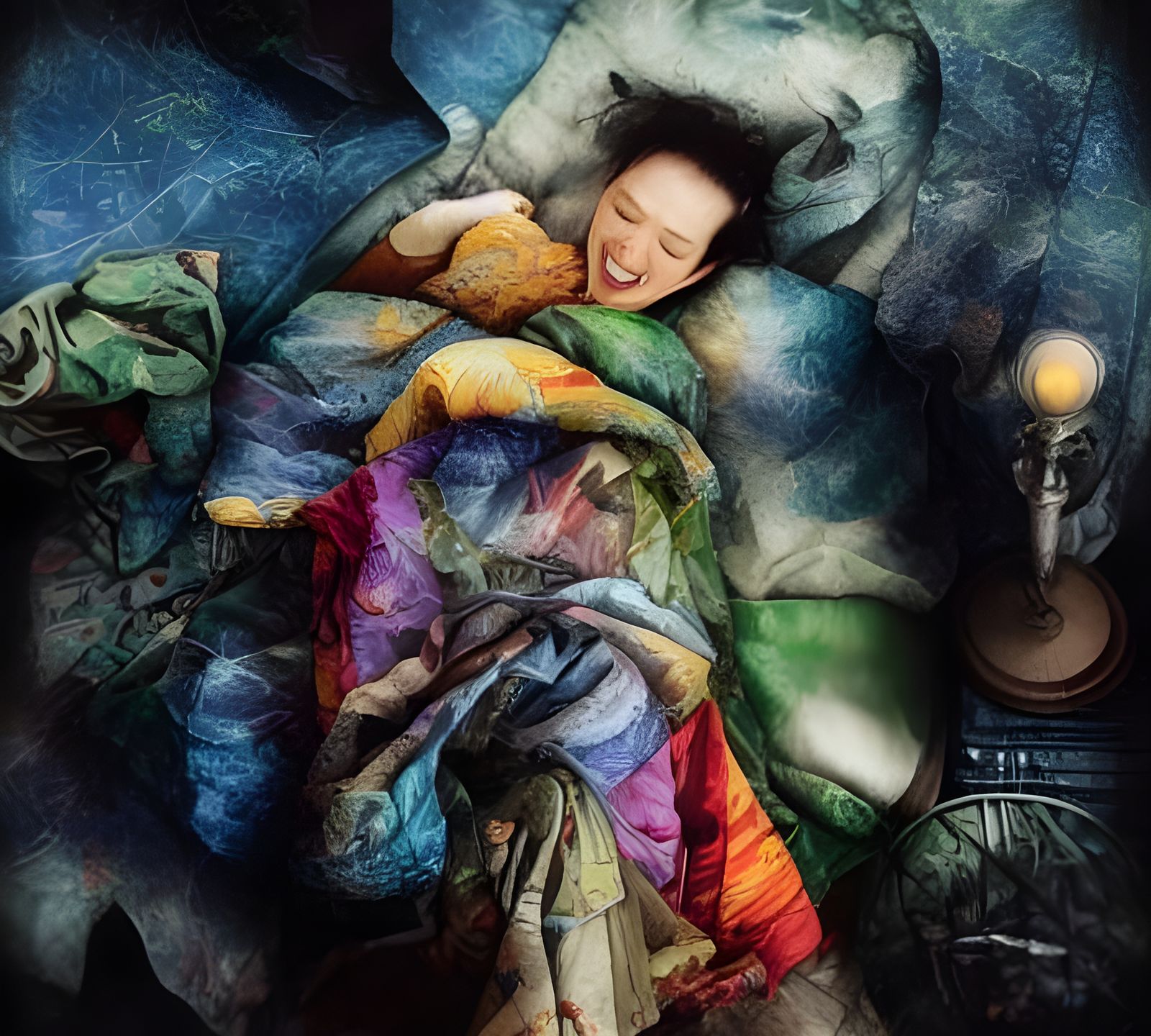 Joyful Figure in Technicolor Fabric, Hyperrealistic Painting