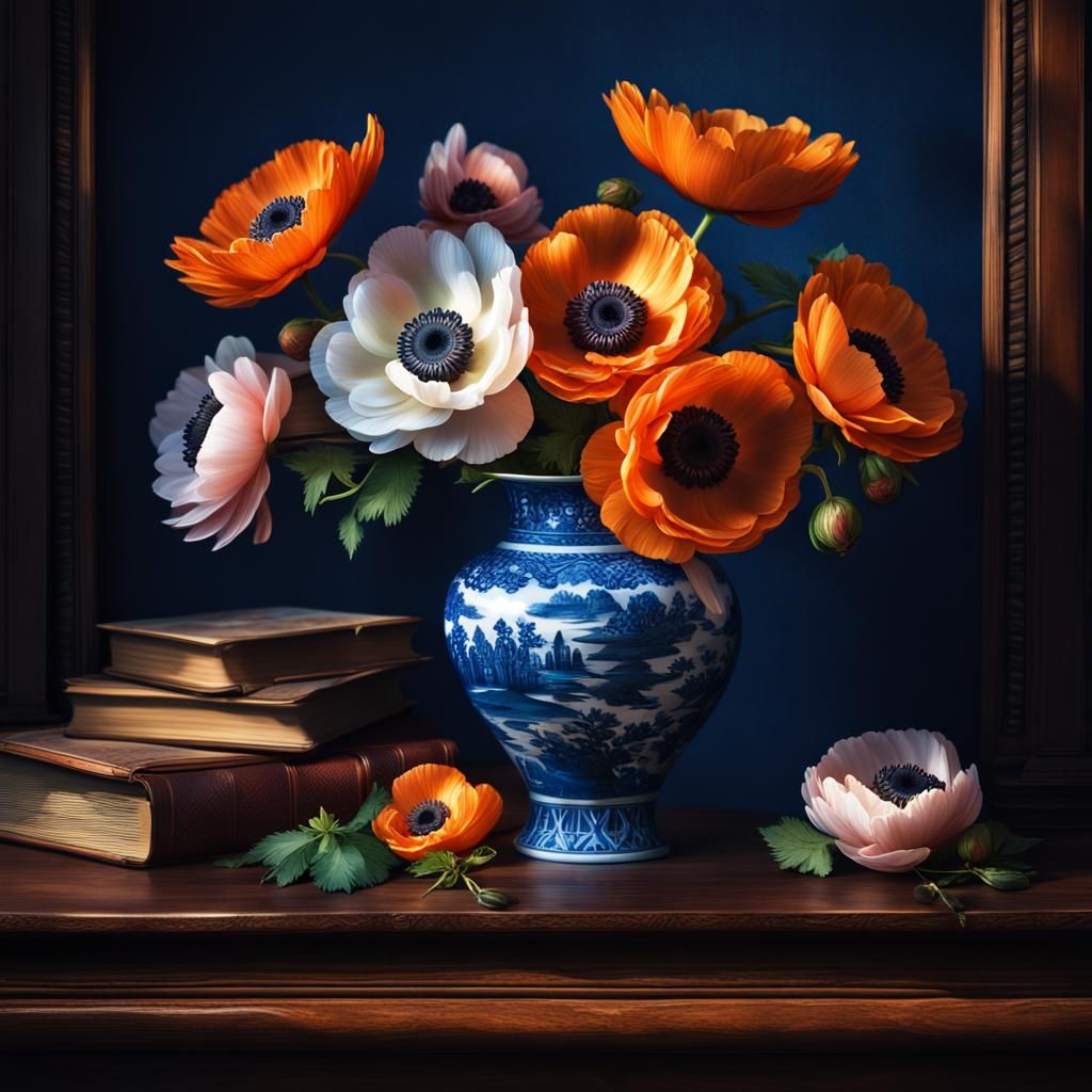 Anemones Still Life with Blue Willow Vase