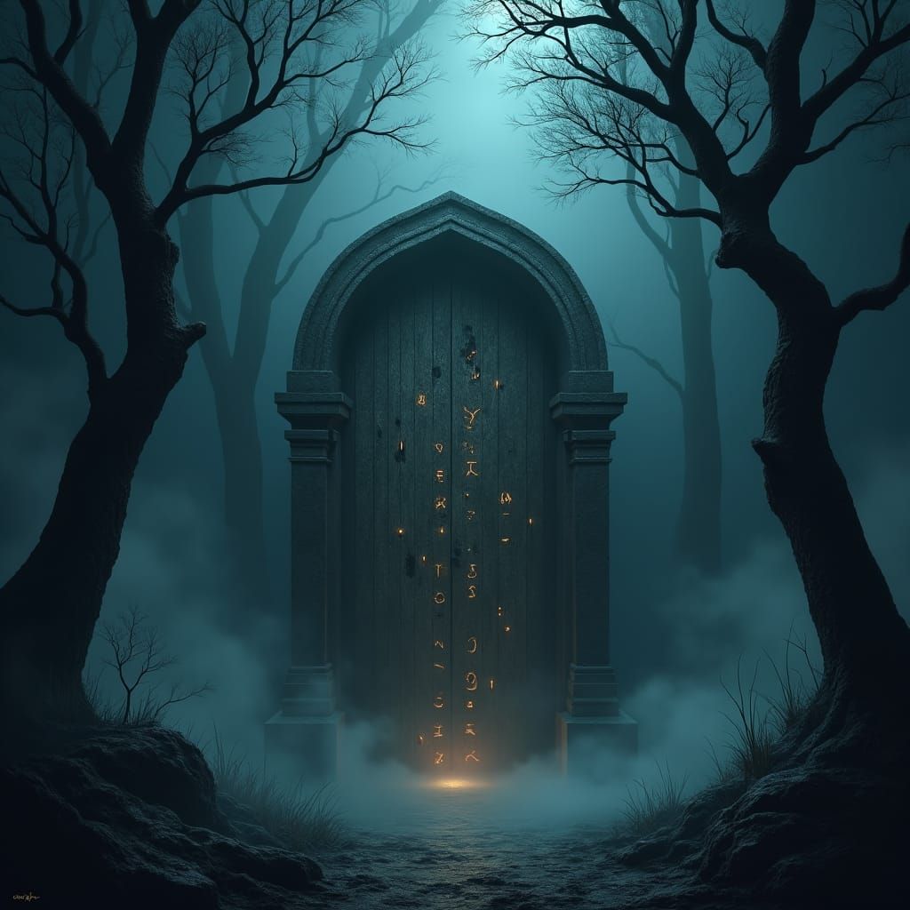 Eerie Door in Twilight Forest: Dark Fantasy Art