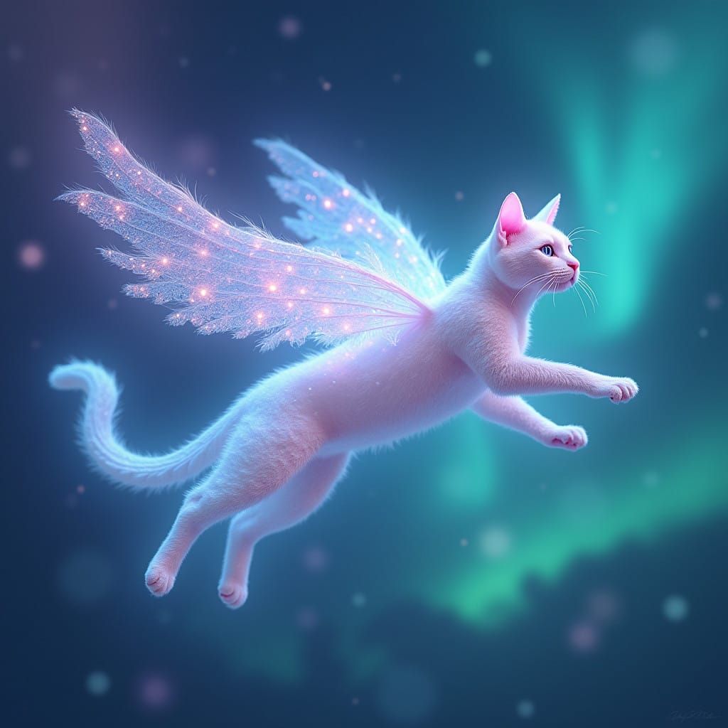 Ethereal Feline Angel Soars Through Vibrant Aurora