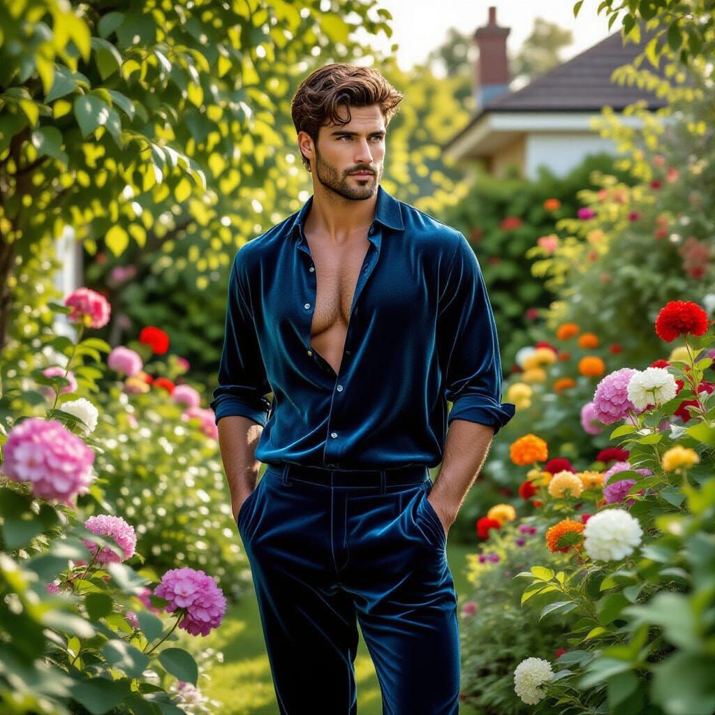 Photorealistic Man in Velvet Trousers Admiring Flowers