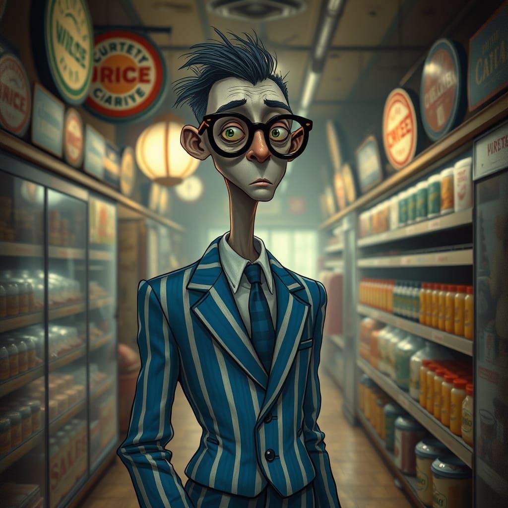 Elegant Carnival Worker in Abandoned Supermarket