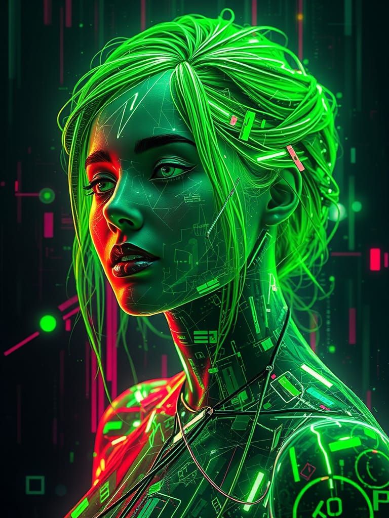 Neon Woman Portrait in Glitch Art Style