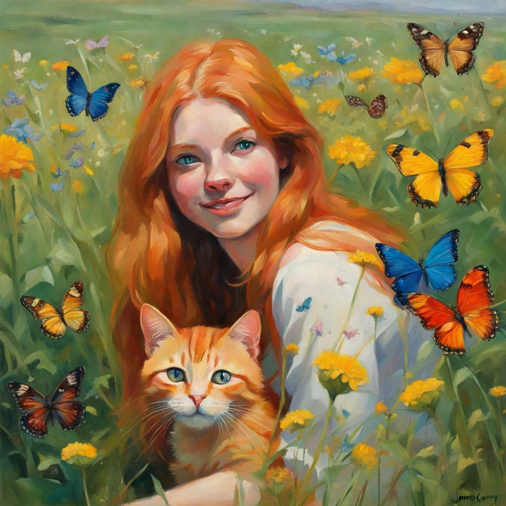 Ginger Cat Woman in Flower Meadow, Oil Painting