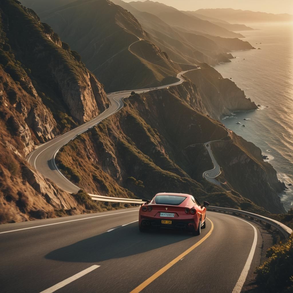 Ferrari on Cliffside Road at Golden Hour