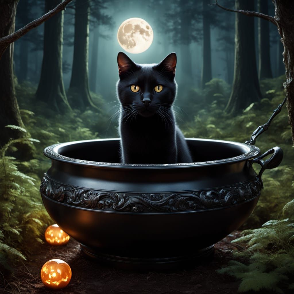 Mysterious Witches Cauldron in Moonlit Forest