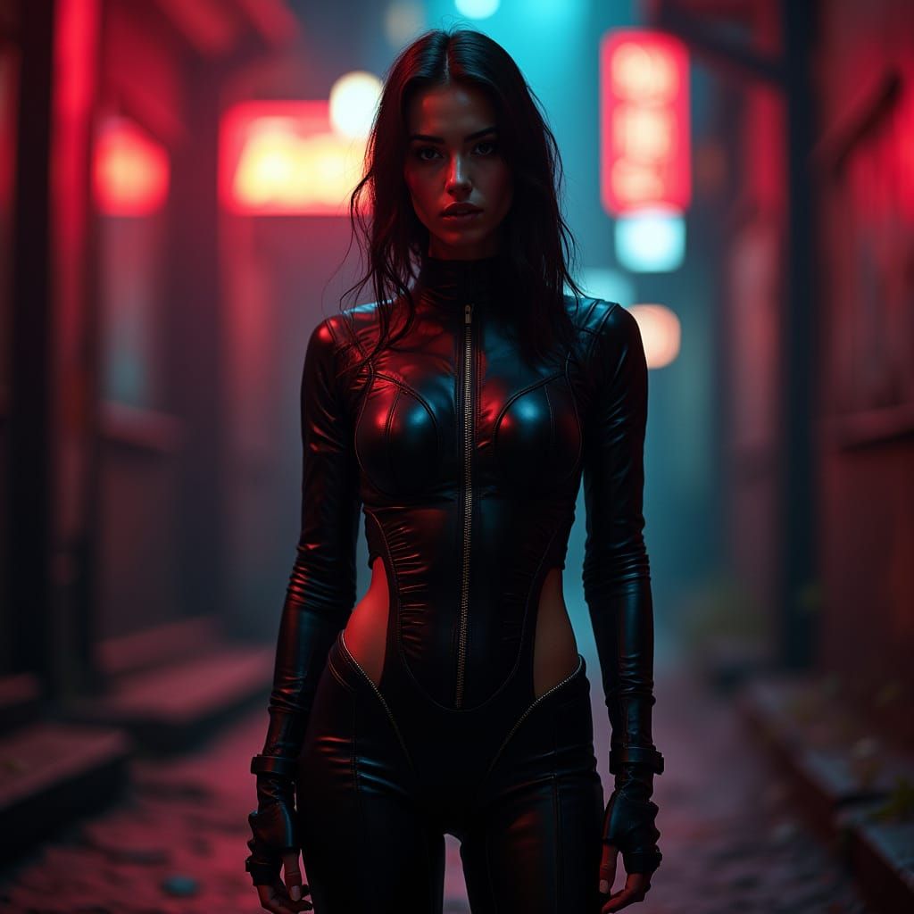 Cyberpunk Woman in Leather Leotard with Armor