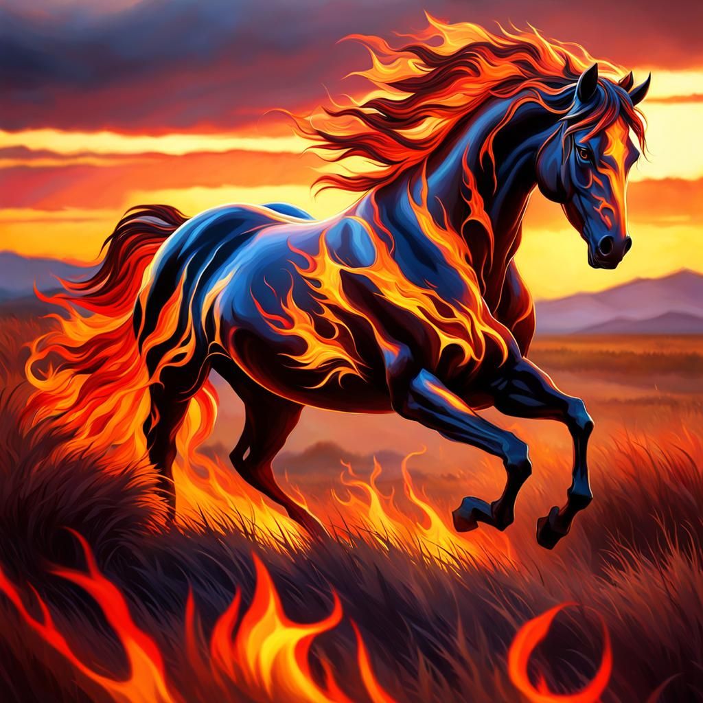 Fiery Horse Gallops Across Prairie in Expressionist Style