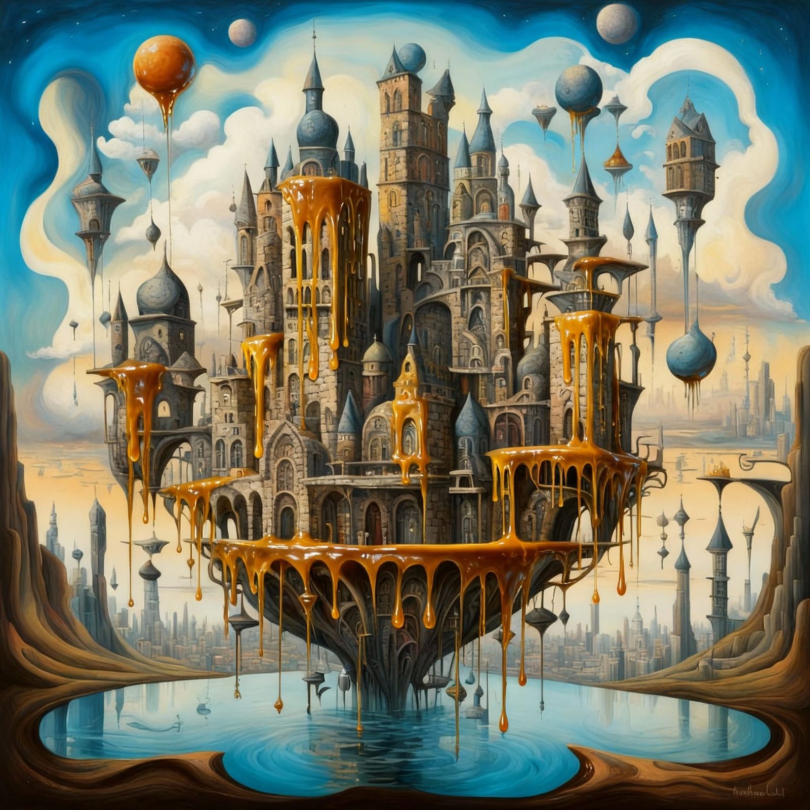 Syrup Cascading Off Buildings in Surreal Landscape