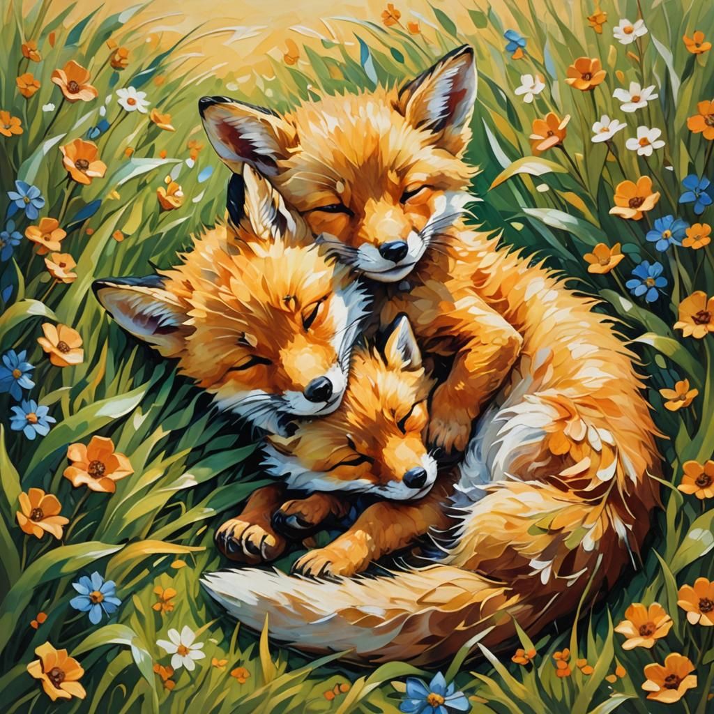 Fox and Puppy Nap in Sunny Meadow: Impasto Oil Painting