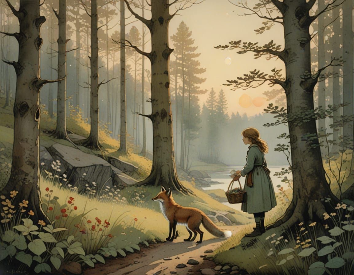 Whimsical Forest Encounter in Dreamlike Watercolor Style