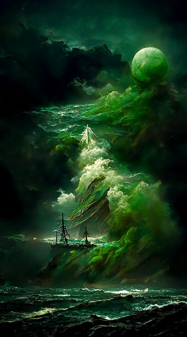 Ghost Ship Sailing Through Luminous Green Clouds