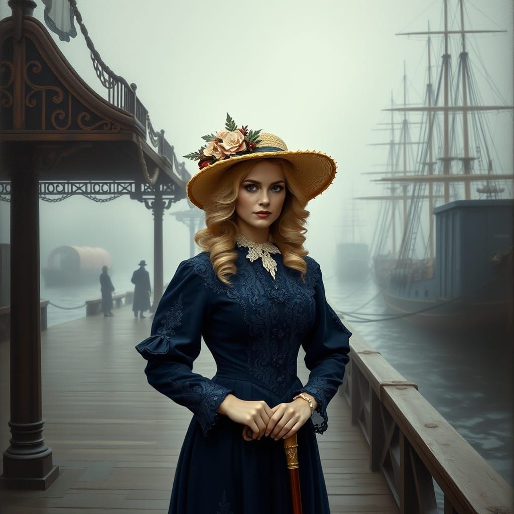 Elegant Victorian Lady on Bustling Dock